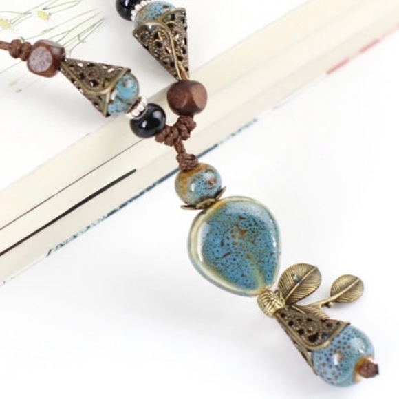 NEW Bohemian Necklace! Blue Ceramic & Leather Rope - Picture 3 of 4